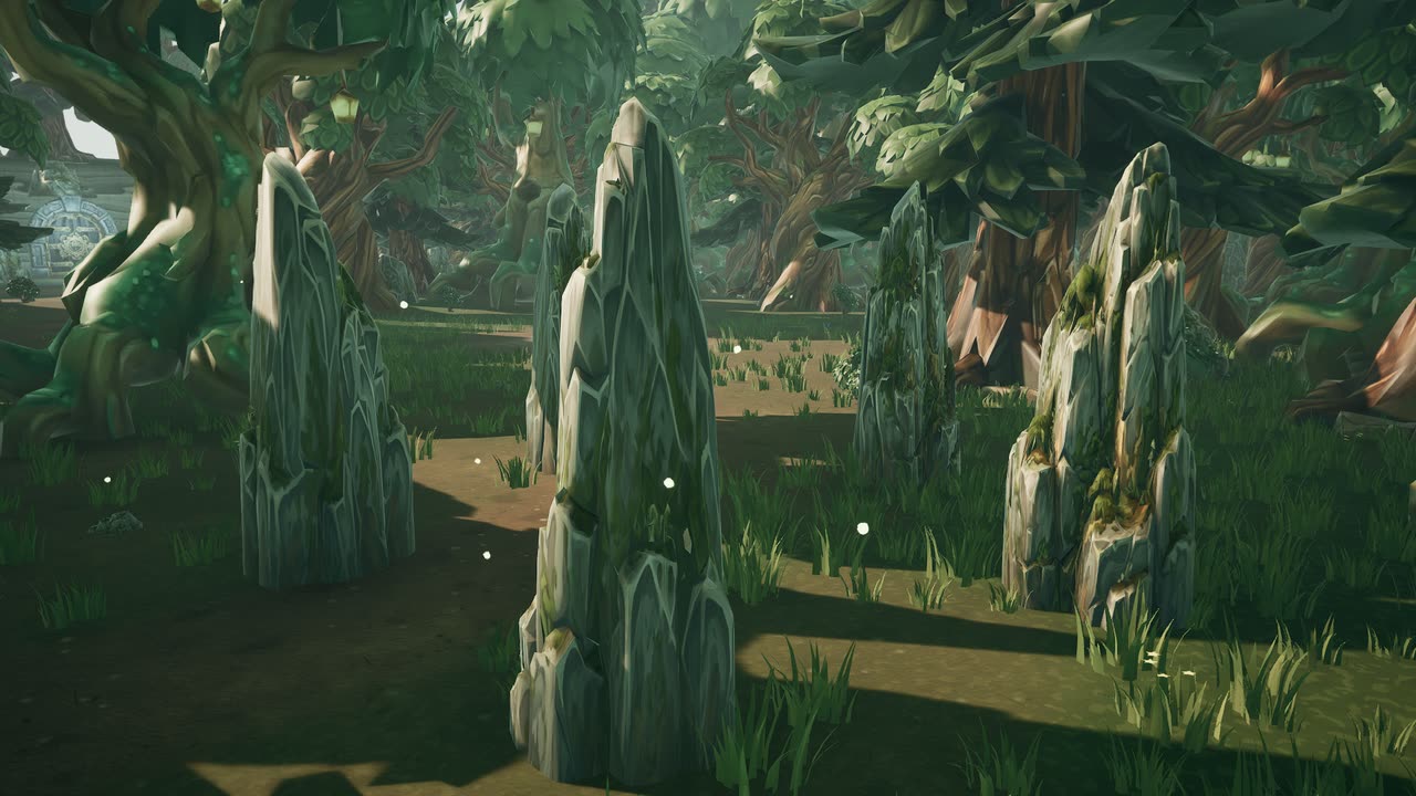 Whisperwood in the Past: tall mossy standing stones among broad living trees.