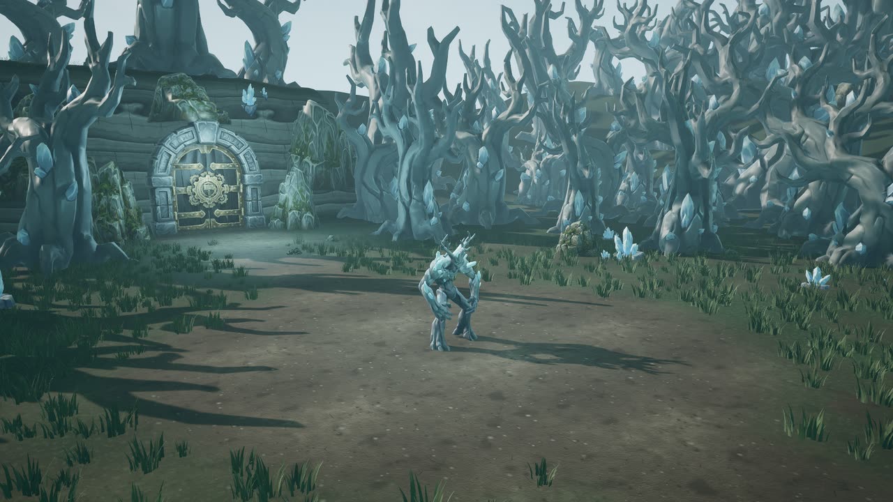 Whisperwood in the Present: a crystal-armoured treant stands in a clearing of pale petrified trees, beside an arched vault door.