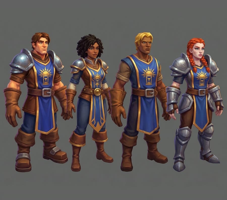 Concept sheet of the human race: two men and two women in leather and steel with royal blue tabards showing a sun behind an hourglass.